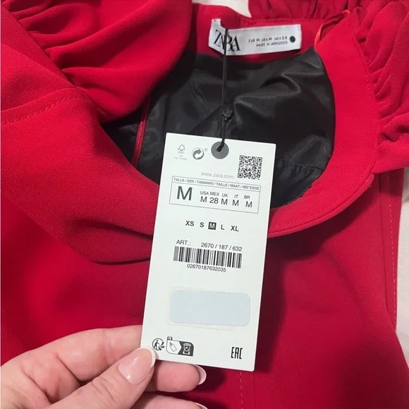 Zara Sweetheart Off the Shoulder Puff Sleeve Red Valentine’s Day Mini Dress M - Picture 11 of 14